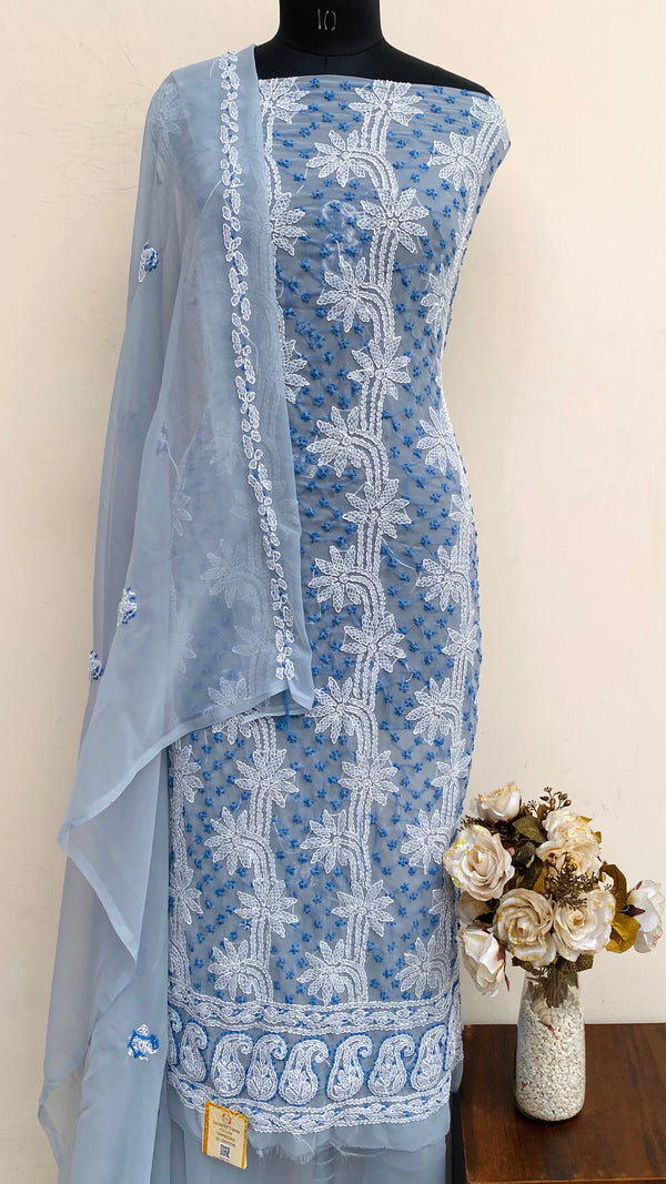 Lucknowi Chikankari Suit Length 3 Piece Gray Georgette