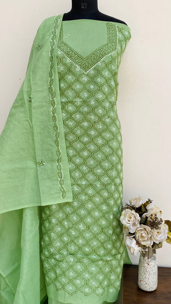 Lucknowi Chikankari Suit Length 3 Piece Green Cotton With Embroidered Cotton Dupatta