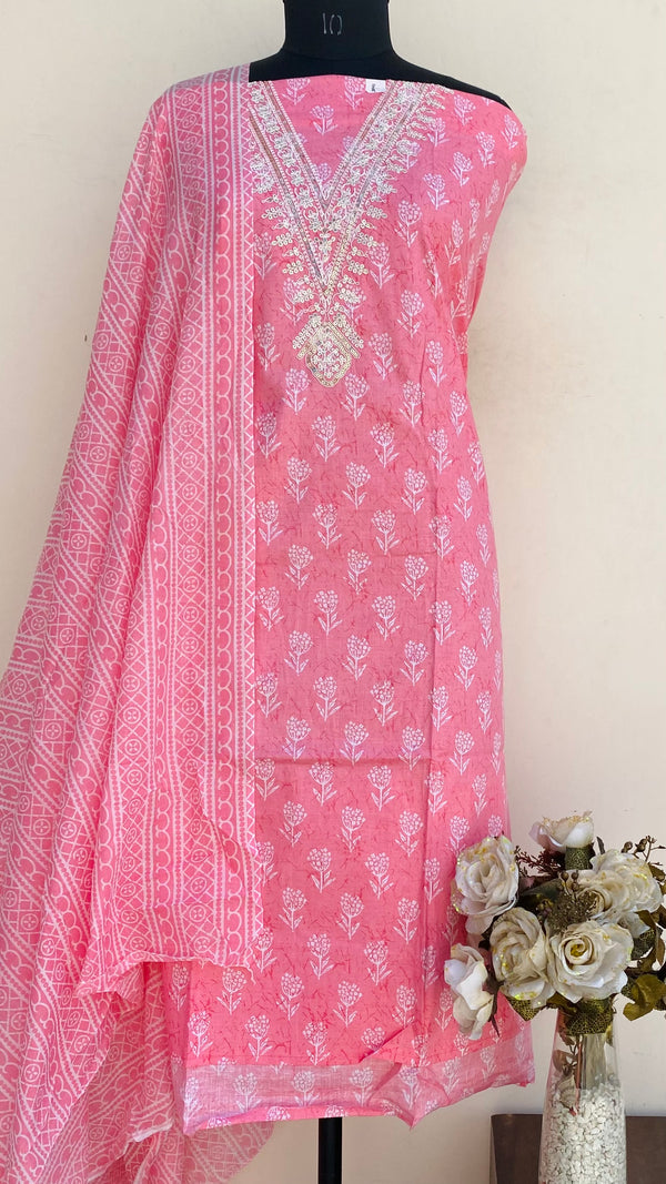 Designer Embroidered Suit Length 3 Piece Pink Mal Cotton With Sequence Work