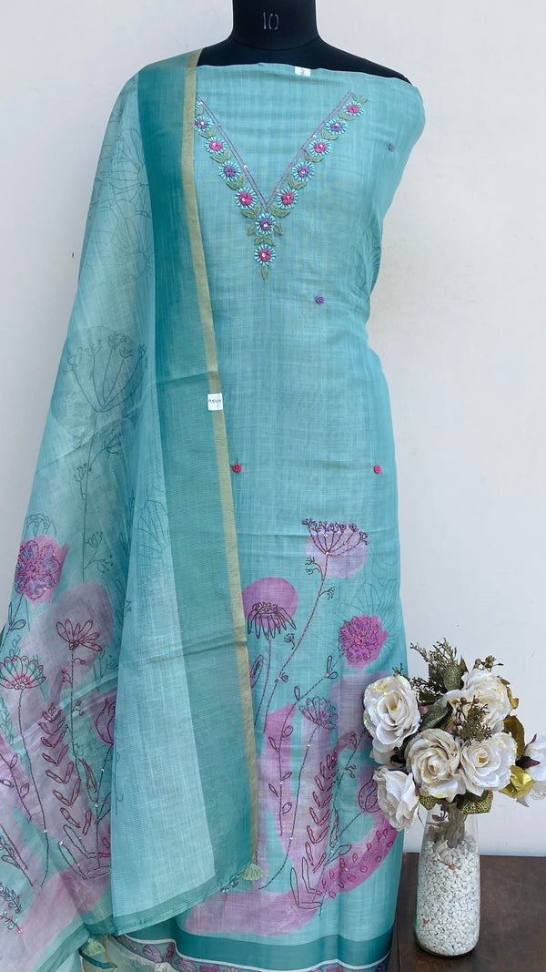 Designer Embroidered Suit Length 3 Piece Blue Linen With Sequence Work
