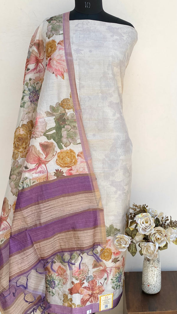 Designer Embroidered Suit Length 3 Piece Cream Linen