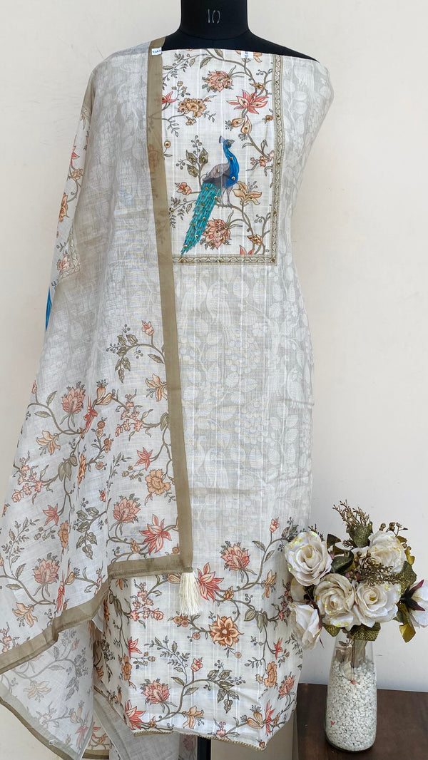 Designer Embroidered Suit Length 3 Piece Beige Linen With Sequence Work