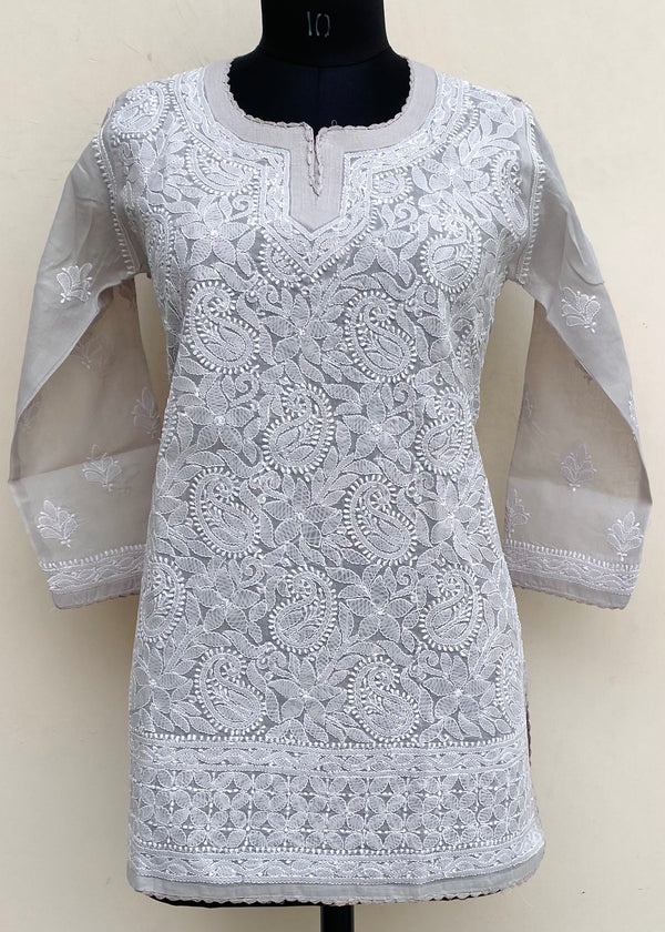 Lucknowi Chikankari Short Kurti Gray Cotton