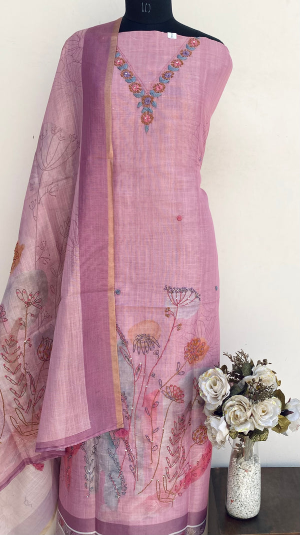 Designer Embroidered Suit Length 3 Piece Onion Pink Linen With Sequence Work