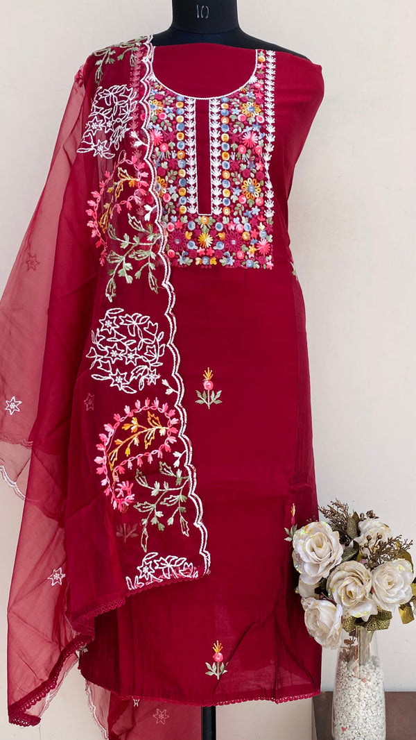 Designer Embroidered Suit Length 3 Piece Maroon Mal Cotton With Parsi Work