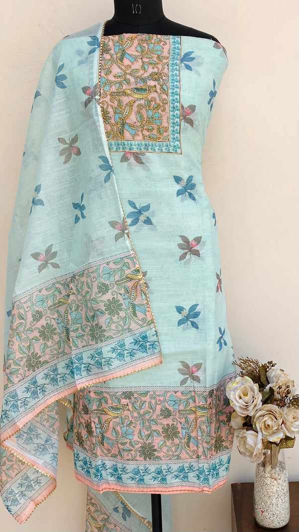 Designer Embroidered Suit Length 3 Piece Blue Linen