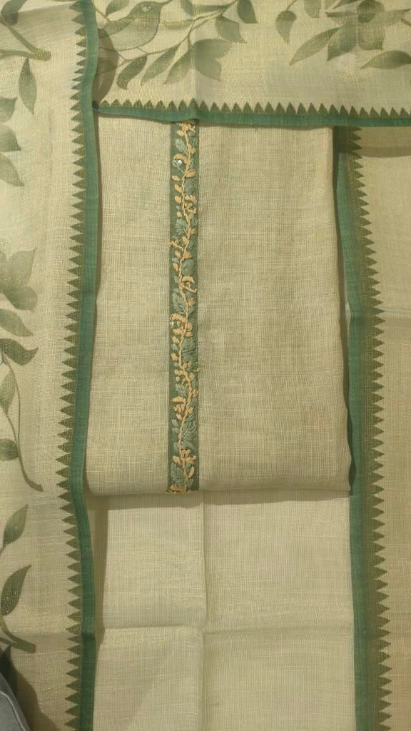 Designer Embroidered Suit Length 3 Piece Leaf Green Linen Cotton exclusive kantha work