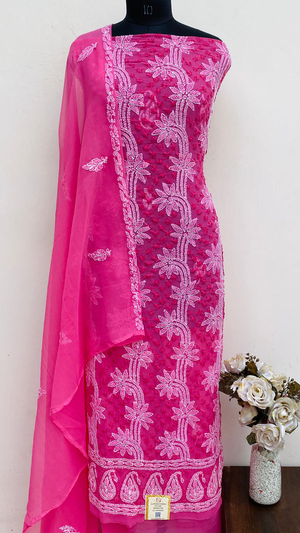 Lucknowi Chikankari Suit Length 3 Piece Pink Georgette