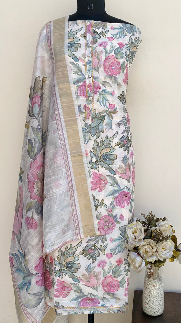 Designer Embroidered Suit Length 3 Piece Cream Mal Chanderi With Mirror Work