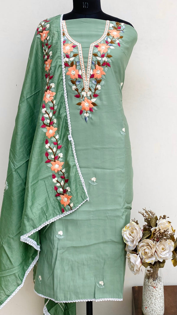 Designer Embroidered Suit Length 3 Piece Teal Green Mal Cotton With Parsi Work
