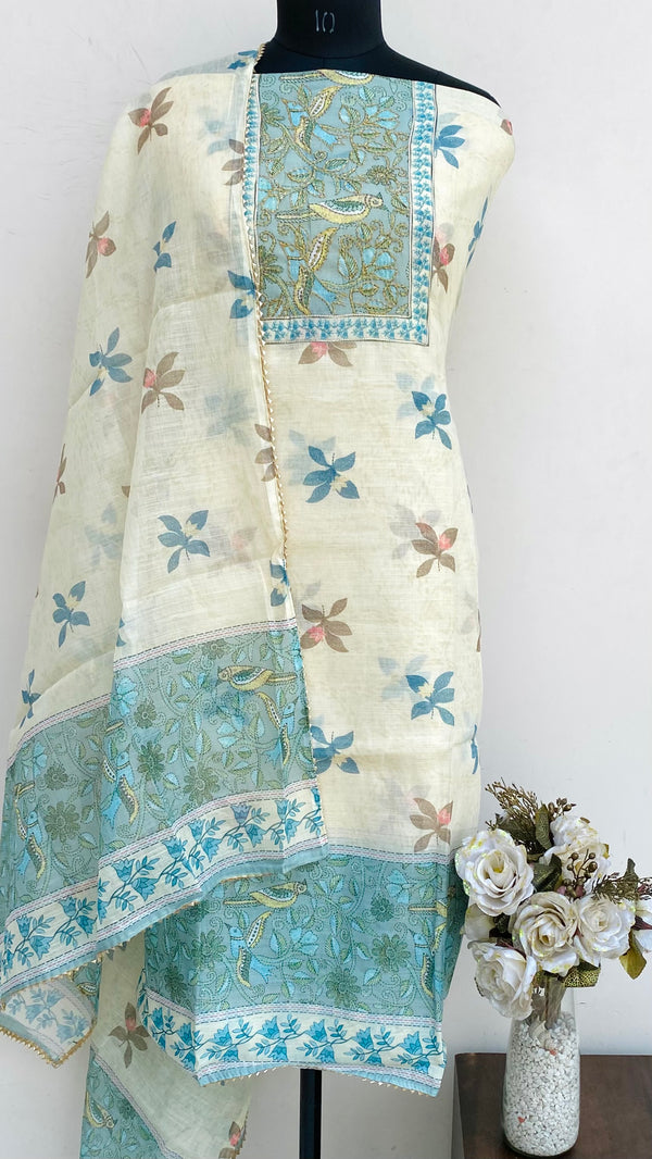 Designer Embroidered Suit Length 3 Piece Cream Linen