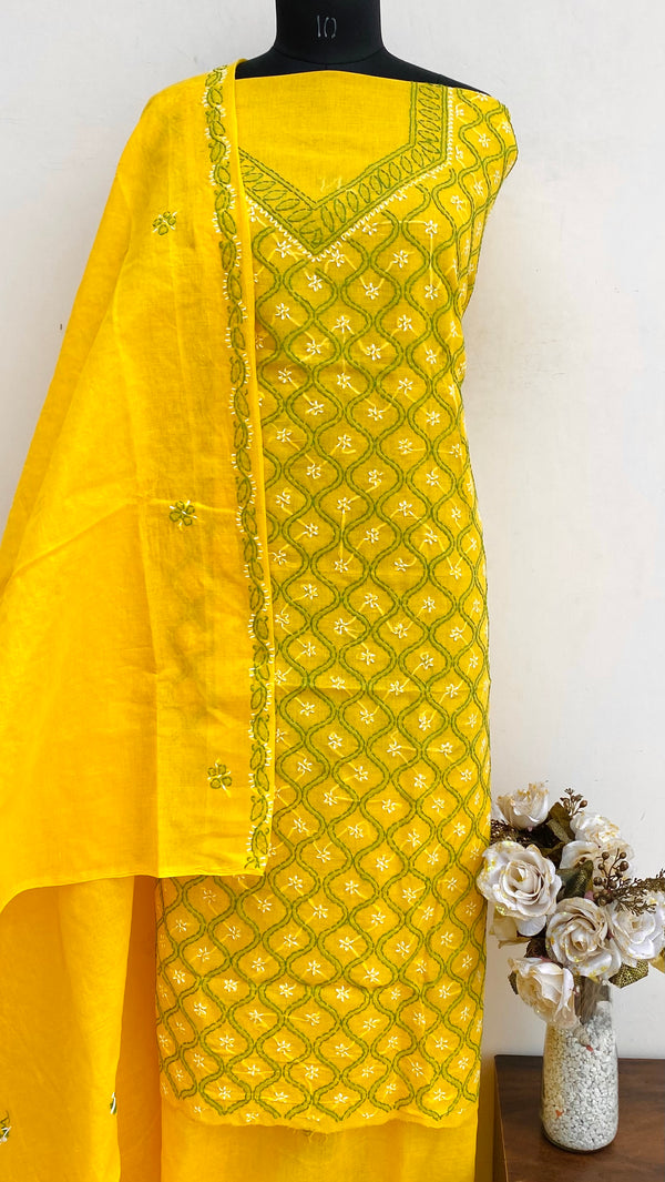 Lucknowi Chikankari Suit Length 3 Piece Yellow Cotton With Embroidered Cotton Dupatta