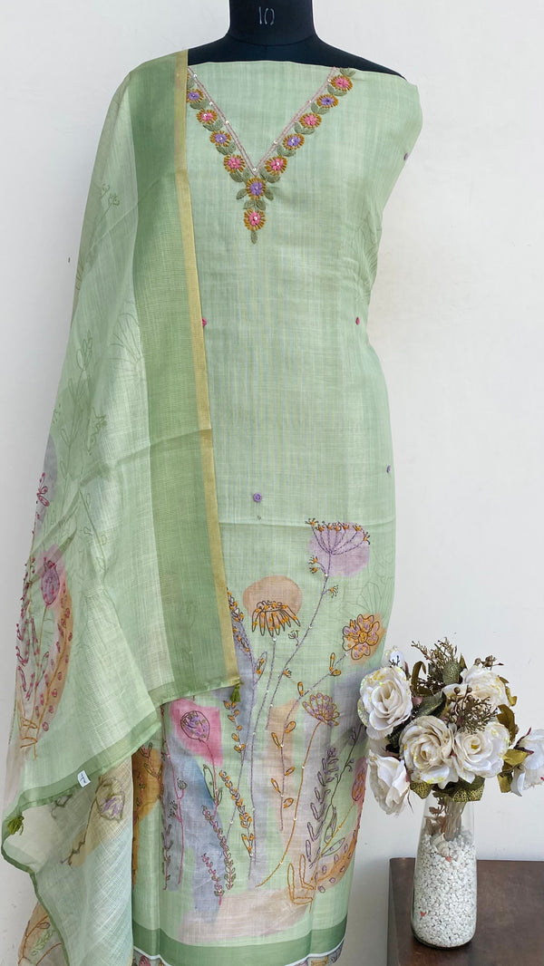 Designer Embroidered Suit Length 3 Piece Green Linen With Sequence Work