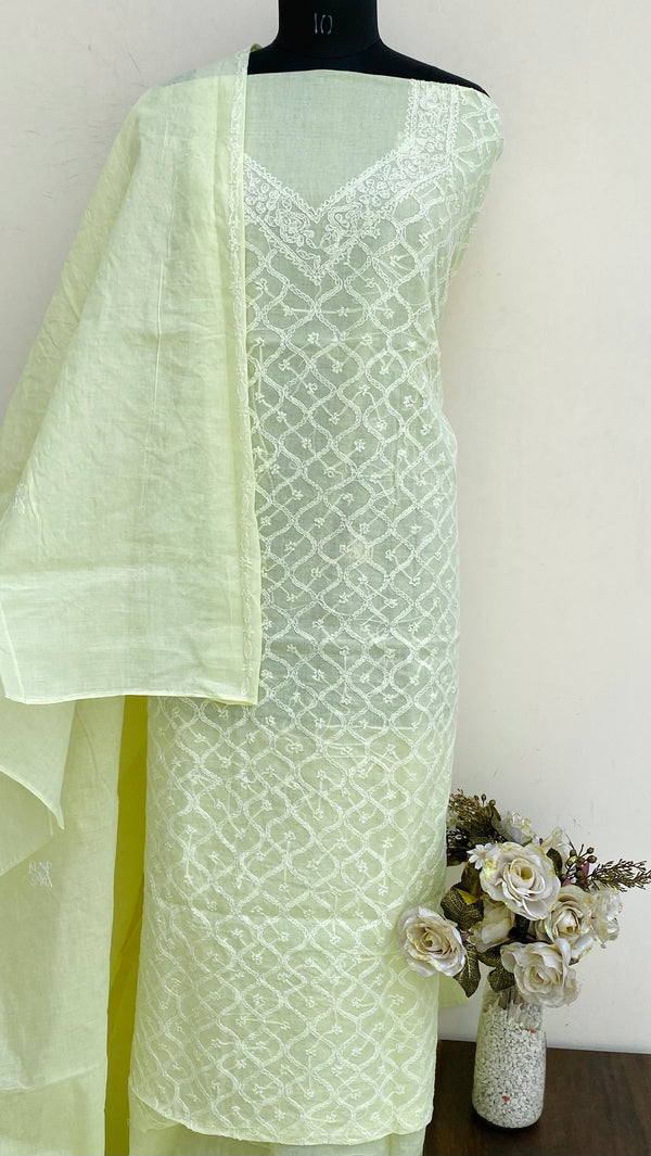 Lucknowi Chikankari Suit Length 3 Piece Lemon Yellow Cotton With Embroidered Cotton Dupatta