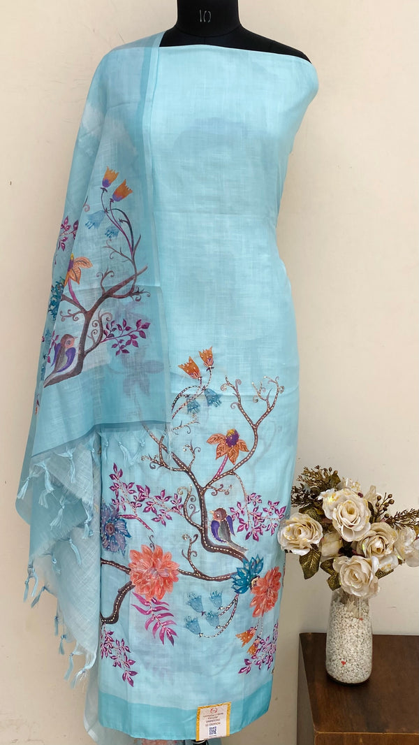 Designer Embroidered Suit Length 3 Piece Blue Linen With Sequence Work
