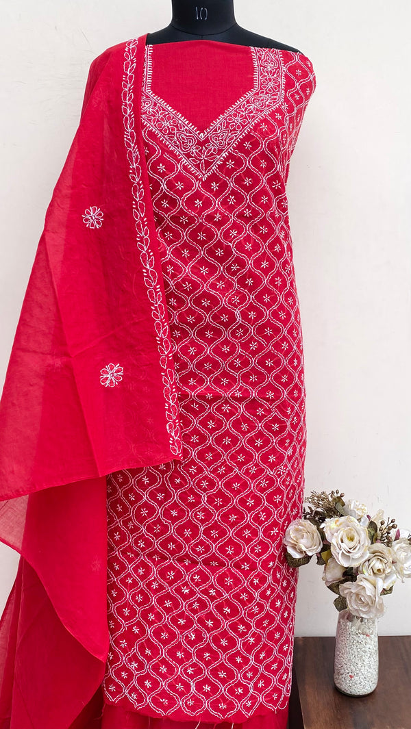 Lucknowi Chikankari Suit Length 3 Piece Maroon Cotton With Embroidered Cotton Dupatta