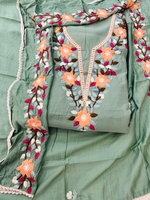Designer Embroidered Suit Length 3 Piece Teal Green Mal Cotton With Exclusive Parsi Work
