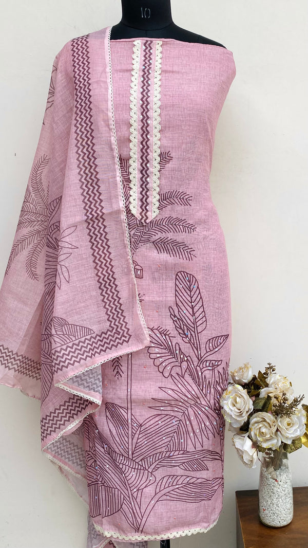 Designer Embroidered Suit Length 3 Piece Pink Linen With Sequence & Pearl Work