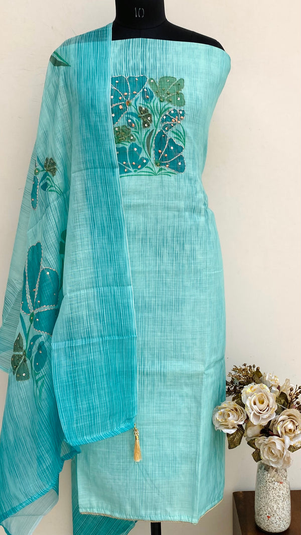 Designer Embroidered Suit Length 3 Piece Sea Green Linen With Sequence Work