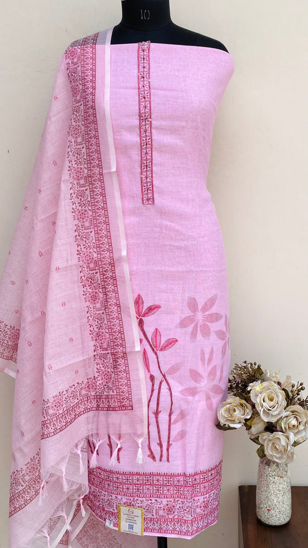 Designer Embroidered Suit Length 3 Piece Pink Linen With Sequence Work