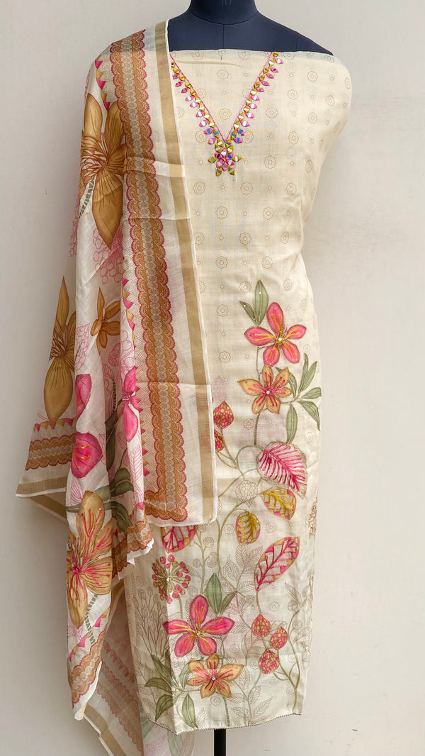 Designer Embroidered Suit Length 3 Piece Beige Linen With Mirror & Sequence Work