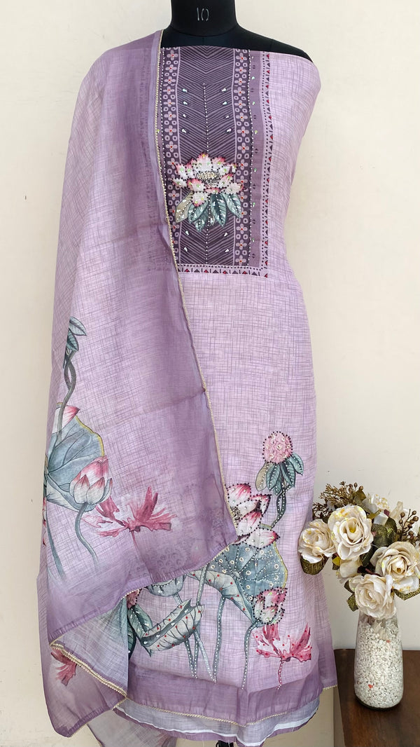 Designer Embroidered Suit Length 3 Piece Pink Linen With Pearl & Sequence Work