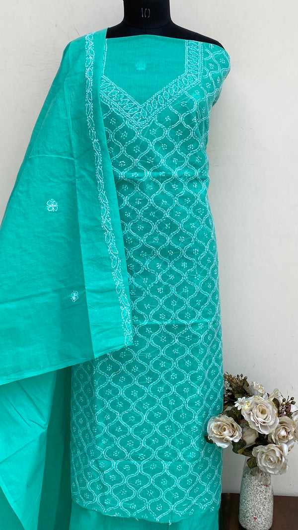 Lucknowi Chikankari Suit Length 3 Piece Green Cotton With Embroidered Cotton Dupatta