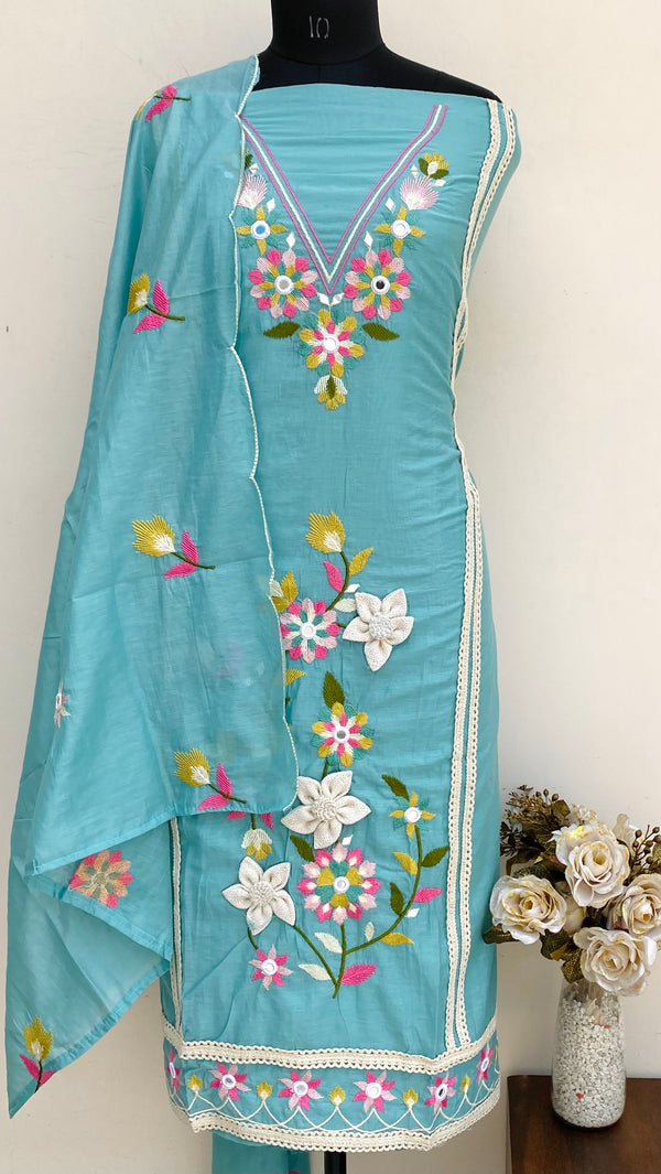 Designer Embroidered Suit Length 3 Piece Blue Mal Chanderi With Mirror Work