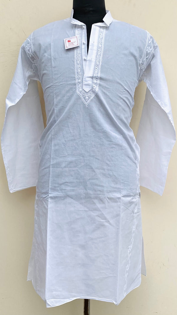 Lucknowi Chikankari Men’s Kurta White Cotton With Applique & Jaali Work