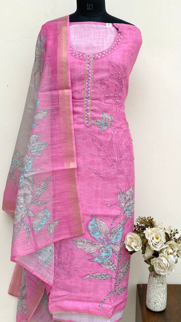 Designer Embroidered Suit Length 3 Piece Pink Linen With Sequence Work