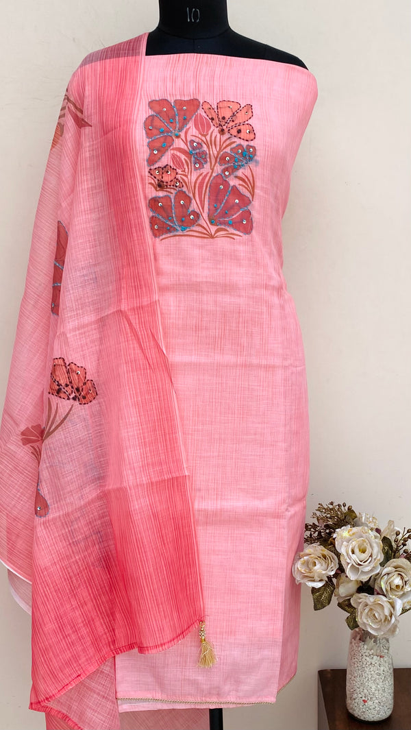 Designer Embroidered Suit Length 3 Piece Pink Linen With Sequence Work