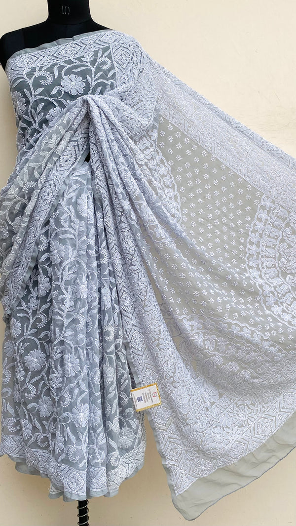 Lucknowi Chikankari Saree Gray Georgette