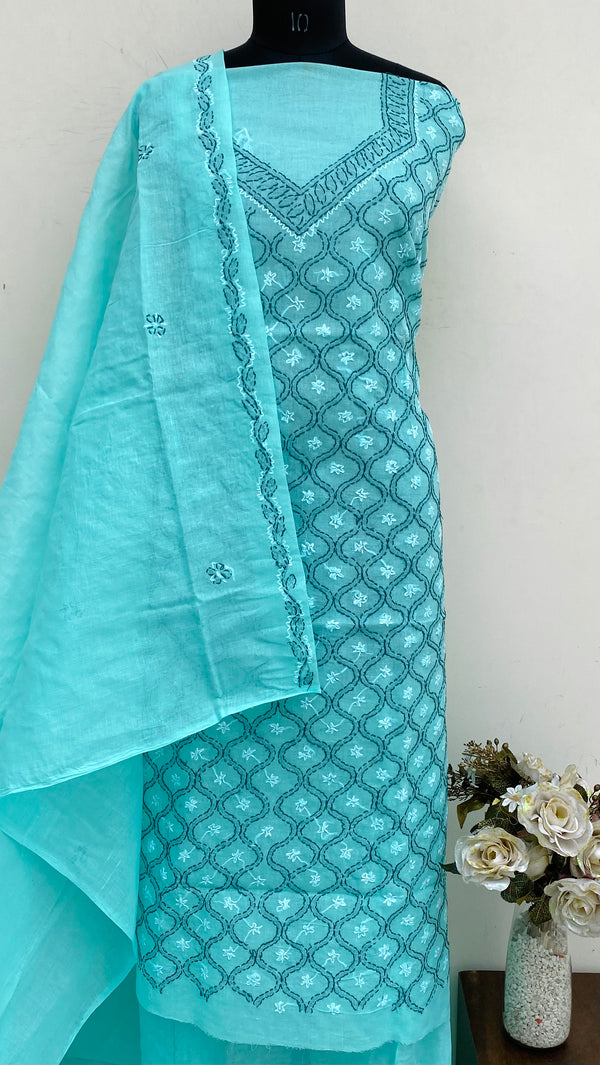 Lucknowi Chikankari Suit Length 3 Piece Sea Green Cotton With Embroidered Cotton Dupatta