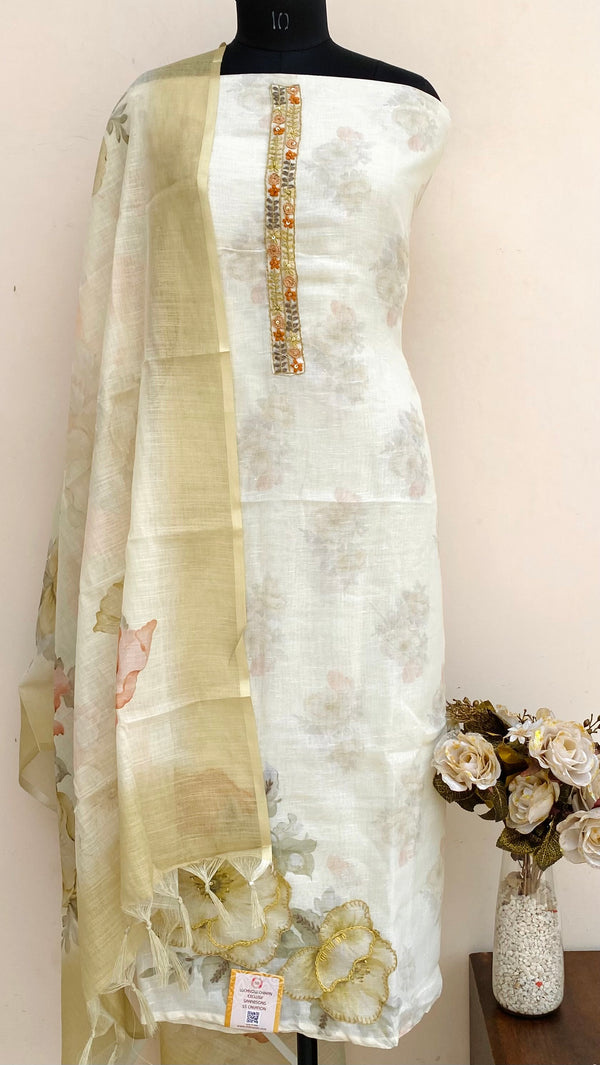 Designer Embroidered Suit Length 3 Piece Green Linen