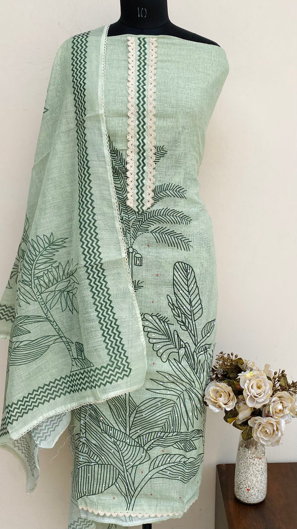 Designer Embroidered Suit Length 3 Piece Green Linen With Pearl & Sequence Work