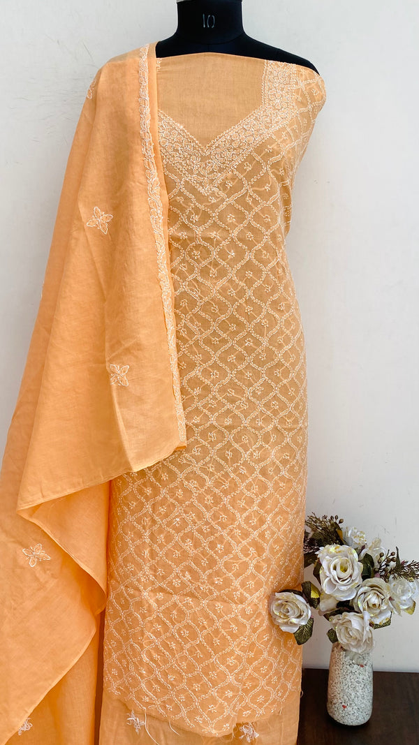 Lucknowi Chikankari Suit Length 3 Piece Peach Cotton With Embroidered Cotton Dupatta