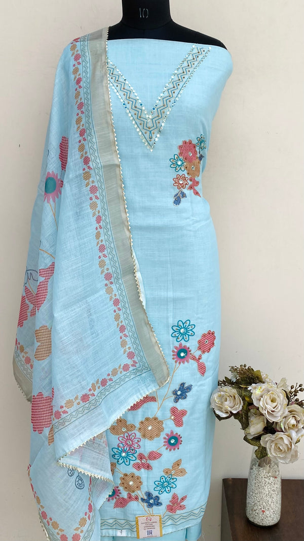 Designer Embroidered Suit Length 3 Piece Blue Linen