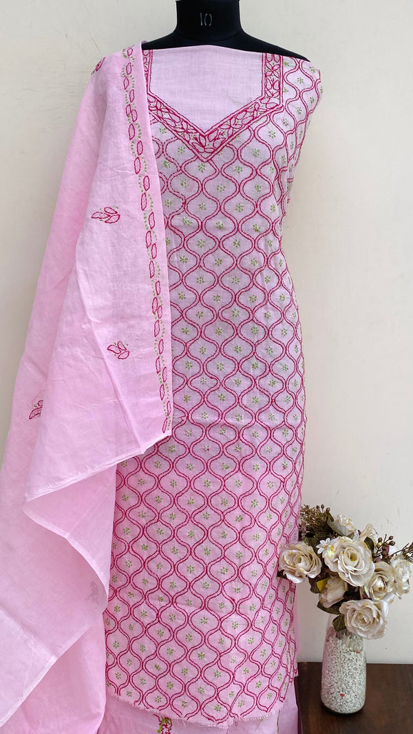 Lucknowi Chikankari Suit Length 3 Piece Pink Cotton With Embroidered Cotton Dupatta
