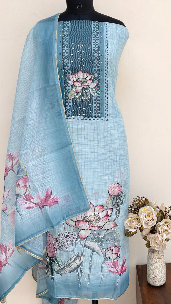 Designer Embroidered Suit Length 3 Piece Teal Green Linen With Pearl & Sequence Work