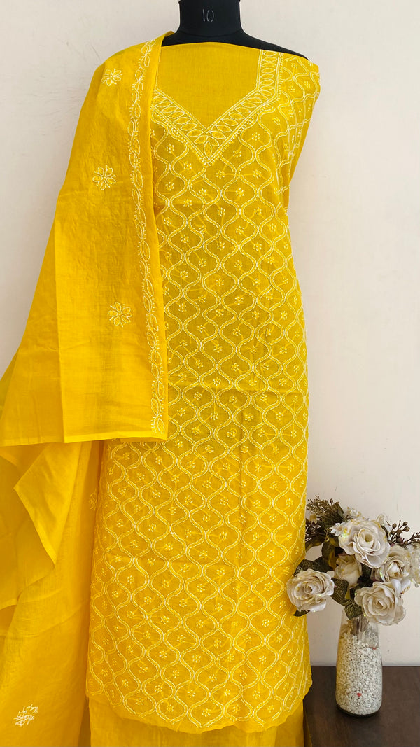 Lucknowi Chikankari Suit Length 3 Piece Yellow Cotton With Embroidered Cotton Dupatta