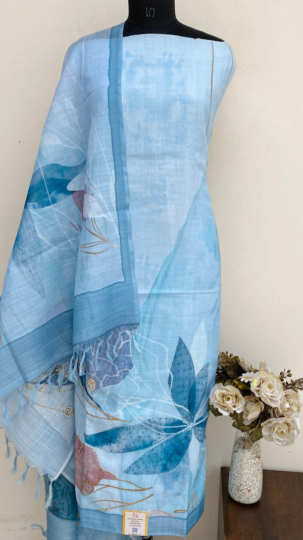 Designer Embroidered Suit Length 3 Piece Blue Linen