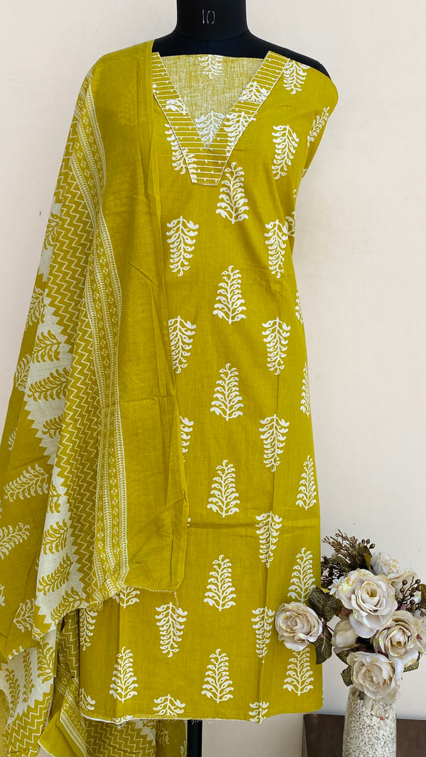 Designer Embroidered Suit Length 3 Piece Mehndi Green Mal Cotton With Sequence Work