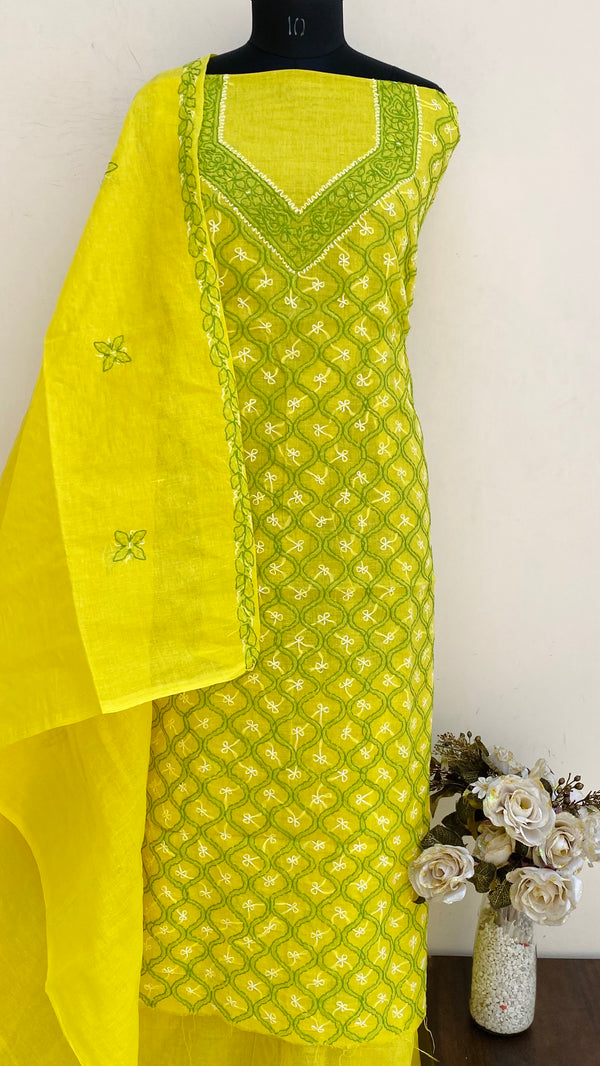 Lucknowi Chikankari Suit Length 3 Piece Yellow Cotton With Embroidered Cotton Dupatta
