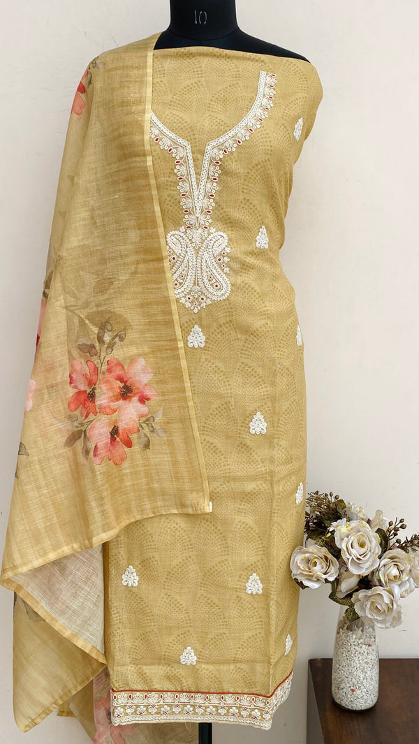 Designer Embroidered Suit Length 3 Piece Mehndi Green Linen With Sequence Work