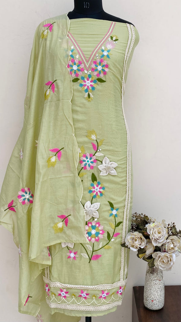 Designer Embroidered Suit Length 3 Piece Green Mal Chanderi With Mirror Work
