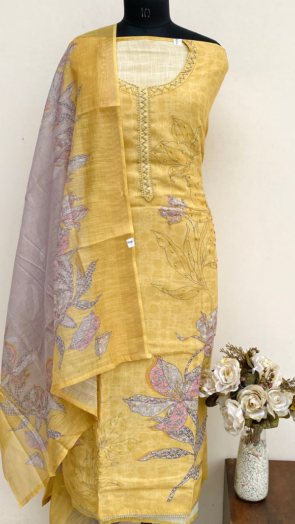 Designer Embroidered Suit Length 3 Piece Mehndi Green Linen With Sequence Work