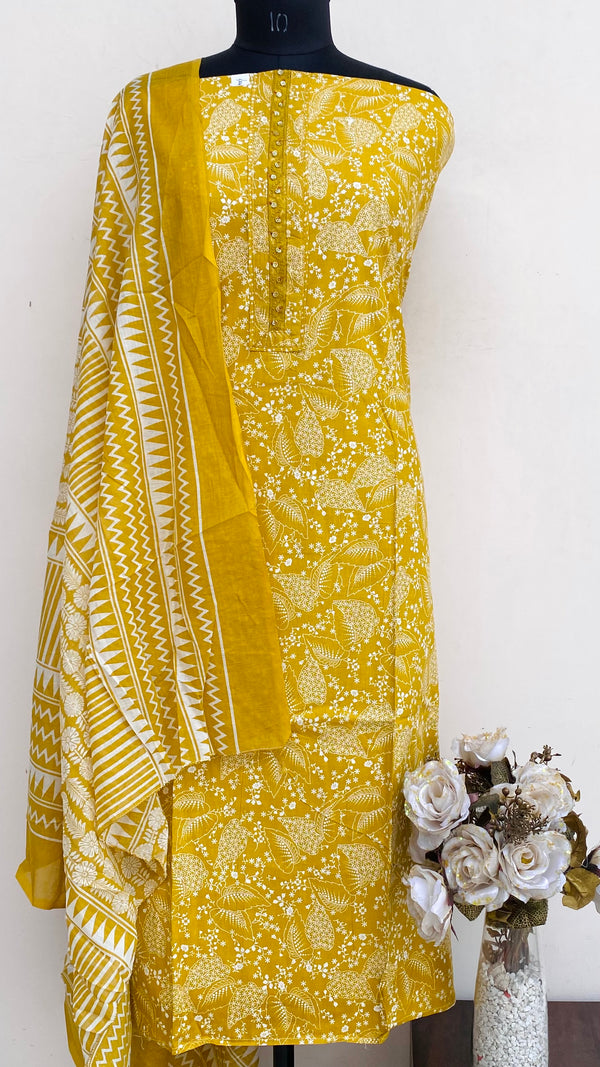 Designer Embroidered Suit Length 3 Piece Mustard Mal Cotton With Sequence Work