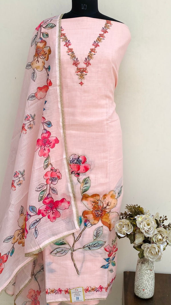 Designer Embroidered Suit Length 3 Piece Pink Linen