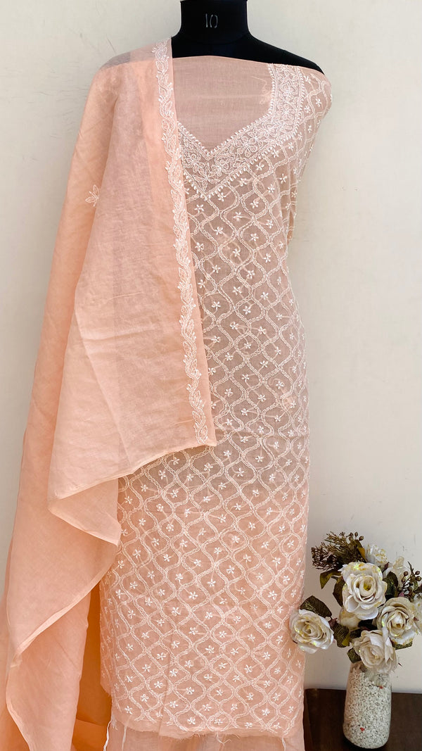Lucknowi Chikankari Suit Length 3 Piece Peach Cotton With Embroidered Cotton Dupatta