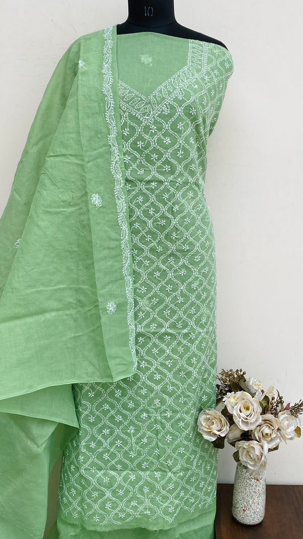 Lucknowi Chikankari Suit Length 3 Piece Mehndi Green Cotton With Embroidered Cotton Dupatta